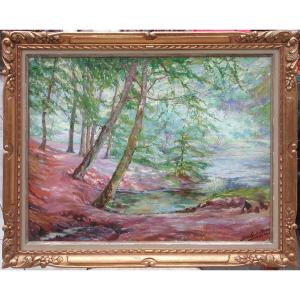 Jean Louis Minne "river In The Woods" Oil On Canvas 55x70